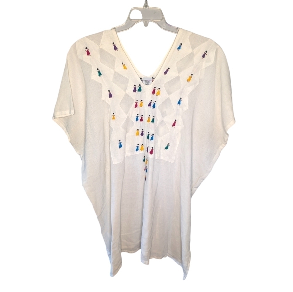 Mexican embroidered tunic people happy gathering one size woman's throw over
